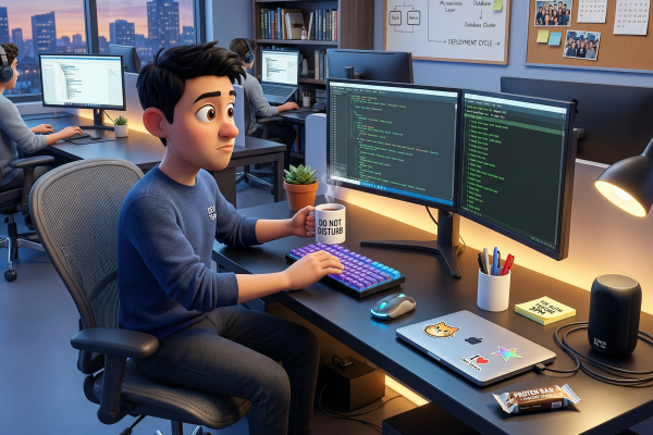 Ai image of a boy sitting and working in his studio room